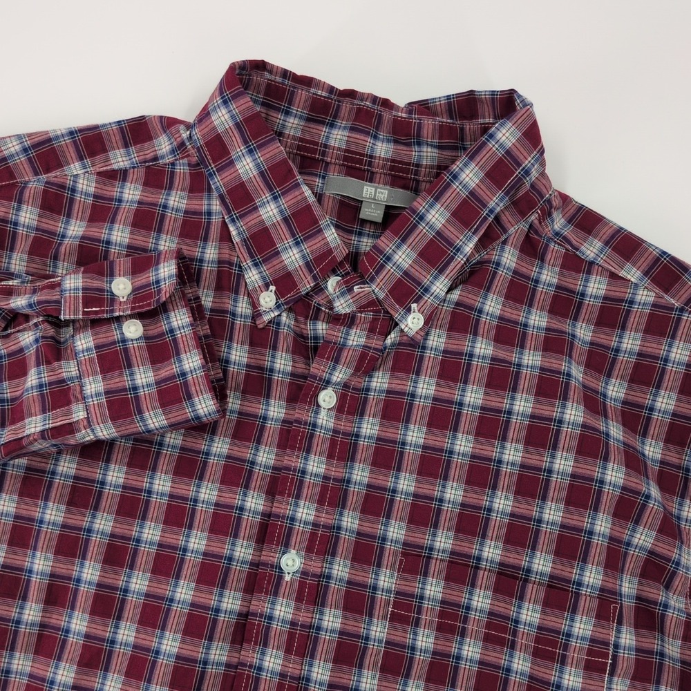 UNIQLO Men L Red Blue White Plaid Button Down Easy Care Cotton Shirt Long Sleeve